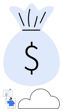 Dolar işaretli büyük para çantası sunum yapan kişinin üzerinde servet ya da tasarruf olduğunu ve siyah beyaz izole bir bulut şekli olduğunu gösteriyor. Çevrimiçi finans, eğitim, bulut hizmetleri için ideal