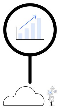 Büyüteç içinde yukarı doğru ok, aşağıda bulut ve vites ve CRM düşünce baloncuklu bilim adamı karakteri. Teknoloji, veri analizi, bulut hesaplaması, iş büyümesi için ideal