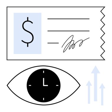 Dolar işareti ve imzalı makbuz, göz çizgisi olan saat ve yukarı bakan oklar. Finans, verimlilik, zaman yönetimi, büyüme, ticari yenilik kariyer gelişimi için idealdir. Soyut satır düzlüğü