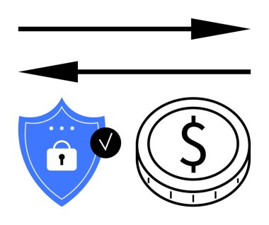 Ok değişimi akışı sembolize eder, kilit güvenliği simgeler, dolar parası alışverişi simgeler. Finans, e-ticaret, dijital ödemeler, koruma, güvenlik sistemleri, iş için ideal