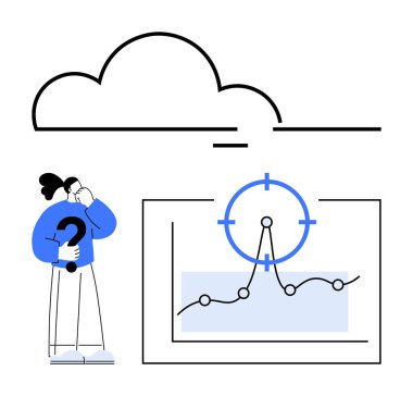 Yukarıdaki bulut simgesi, hedefli bir grafiğin yanında soru işareti tutuyor. Veri analizi, bulut hesaplama, karar verme, problem çözme, strateji, iş planlaması, soyut düz çizgi