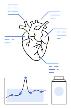 Anatomik kalp çizimi analitik grafik ilaç kavanozu. Kardiyoloji, sağlık eğitimi, tıbbi araştırma, sağlık, farmakoloji, veri analizi, anatomi çalışmaları için ideal. Satır metaforu