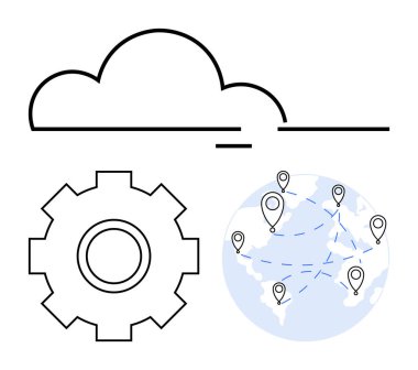 Üst dişli bulut, konum lobutları ve noktalı bağlantılarla işaretlenmiş küre. Teknoloji, ağ oluşturma, bulut depolama, küresel iş, yenilik, bilişim çözümleri, soyut düz metafor için ideal