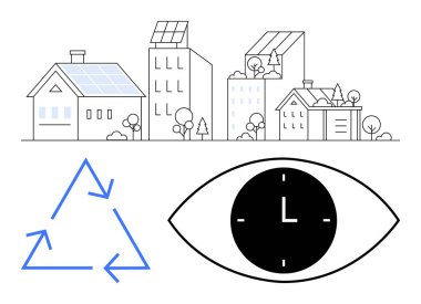 Güneş panelleri, ağaçlar, mavi geri dönüşüm okları ve saat tutan bir göz sembolü olan şehir binaları. Sürdürülebilirlik, yenilenebilir enerji, kentsel planlama, geri dönüşüm, zaman yönetimi için ideal