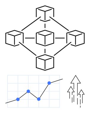 Birbirine bağlı küplerin oluşturduğu bir engelleme ağı, veri noktaları ve yukarı doğru okların oluşturduğu çizgi grafiği büyüme, yenilik ve başarıyı temsil ediyor. Teknoloji, iş, veri, ilerleme ve finans için ideal
