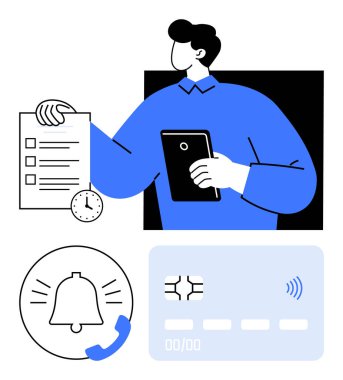 Elinde kontrol listesi, saat, uyarı zili ve irtibatsız ödeme kartı olan bir tablet tutan adam. Üretkenlik, anımsatıcılar, görev takibi, fintech, dijital ödeme zamanı yönetimi soyut