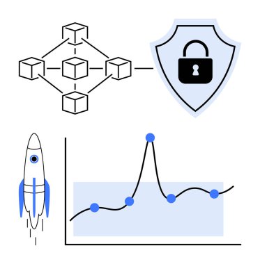 Blockchain ağı, düğümleri olan bir kalkan, güvenlik kilidi olan bir kalkan, yenilik için bir roket ve bir büyüme tablosu. Teknoloji güvenliği, engelleme zinciri, yenilik, büyüme, veri analizi, teknoloji için ideal