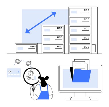 İş kadını mali verileri analiz ediyor, veri depolama grafiği, bozuk paralar ve kredi kartı ekrana yansıtılıyor. Finans, veri yönetimi, teknoloji, iş büyümesi, analiz için ideal