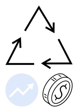 Geri dönüşümü sembolize eden üçgen oklar, büyümek için mavi bir dairede yükselen oklar ve bir dolar işareti olan bozuk para. Sürdürülebilirlik, ekonomi, iş döngüleri, büyüme ve yatırımlar için ideal