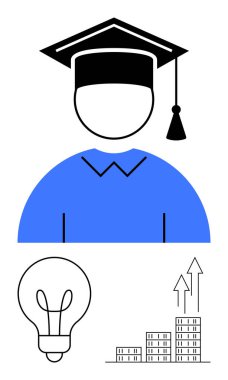 Cap-wearing graduate icon paired with a glowing lightbulb and upward growth chart. Ideal for education, innovation, success, learning, achievement, career growth, abstract line flat metaphor clipart