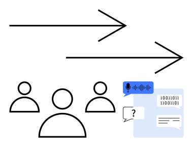 Yön okları, sesli komutları, şifreli metinleri ve sohbet kutuları olan simgeler. Takım çalışması, dijital iletişim, ağ oluşturma, yapay zeka, yenilik veri akışı soyut çizgi düz metaforu için idealdir
