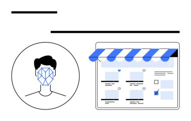 Head profile with facial scan lines next to e-commerce storefront showing products. Ideal for AI, security, technology, online shopping, biometrics, innovation, digital privacy. Abstract line flat clipart