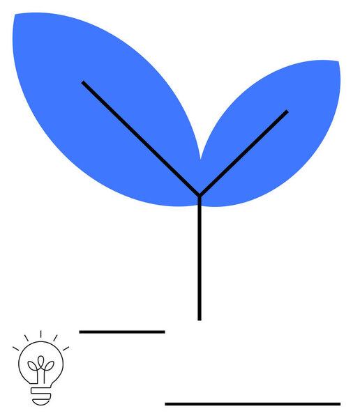 Голубой лист со стеблем, лампочка в углу, символизирующая идеи и инновации. Идеально подходит для экобизнеса, роста, творчества, инноваций, природных стартапов. Абстрактная линия плоская