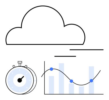 Kronometre üzerinde bulut ve büyüme noktaları ve çubukları olan analiz çizelgesi. Teknoloji, bulut depolama, veri analizi, performans izleme, zaman yönetimi, iş büyümesi, soyut çizgi düz