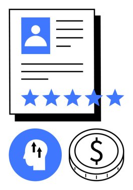 Profil fotoğrafı ve derecelendirme yıldızlarıyla belgeye devam et. Kafa profili yetenek gelişimini simgeler, dolar para ise geliri simgeler. Kariyer büyümesi, işe alım, iş piyasası, değerlendirmeler için ideal