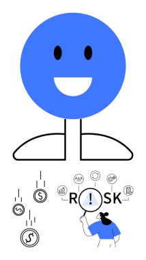 Minimum bedenin üzerinde gülümseyen mavi yüz, yere düşen paralar, büyüteçle riski analiz eden kişi. Finans, karar verme, yatırım, strateji, değerlendirme, yönetim için ideal
