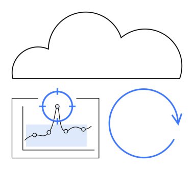 Bulut, hedef odaklı grafik ve dairesel ok veri analizini, sistem güncellemelerini ve sürekli gelişmeyi temsil ediyor. Teknoloji, yenilik, verimlilik, bulut depolama otomasyonu için ideal
