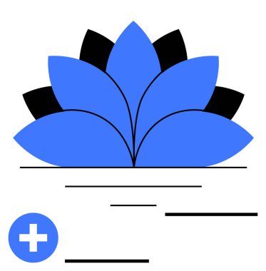 Simetri katmanlı mavi ve siyah nilüfer yaprakları tıbbi bir haç ikonu ile eşleştirilmiş. Sağlık, sağlık, farkındalık, saflık, denge, iyileşme ve soyut düz çizgi metaforu için ideal.