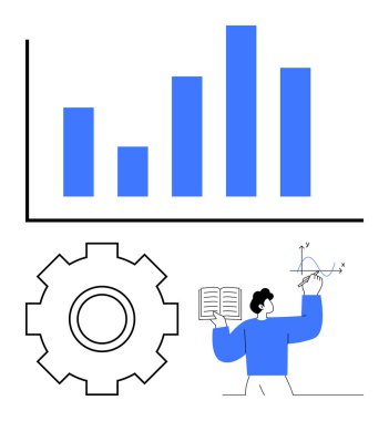 Performans eğilimlerini gösteren ölçü grafiği, vitesi sembolize eden süreç, denklemleri analiz eden kişi. Veri analizi, eğitim, istatistik, üretkenlik, araştırma, otomasyon soyut çizgisi için ideal