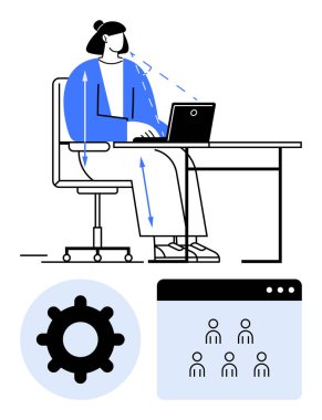 Seated woman demonstrating ergonomic posture while working on a laptop. Includes gear icon and team collaboration window. Ideal for productivity, workplace health, remote work, teamwork clipart