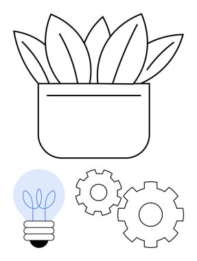Yapraklı saksı, ampul ve vitesli. Ticari büyüme, yenilik, verimlilik, sürdürülebilirlik, çevresel tasarım teknolojisi yaratıcı süreci için idealdir. Satır metaforu