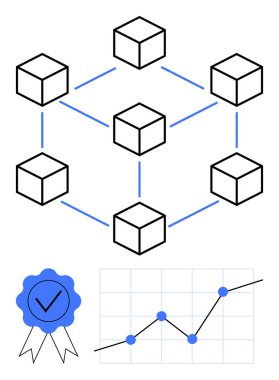 Blockchain yapısını temsil eden bağlı küpler, veri noktalarıyla performans çizgisi grafiği, ve işaretli sertifika şeridi. Engelleme zinciri, veri analizi ve teknik doğrulama için ideal