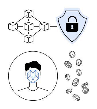 Blokları, kalkanı, güvenlik kilidi, yüz tanıma maskesi ve madeni paraları olan bir engelleme ağı. Engelleme zinciri, siber güvenlik, dijital kimlik, veri gizliliği, kripto Fintech soyut çizgi için ideal