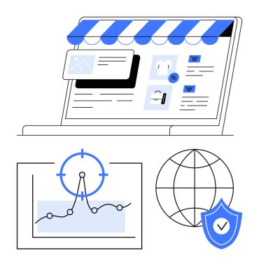 Çevrimiçi atölyesi olan dizüstü bilgisayar, odak noktası olan analitik çizelge, kalkan olan dünya. Ekommerce, dijital pazarlama, çevrimiçi satışlar, veri analizi, küresel erişim, güvenlik soyut çizgisi için ideal