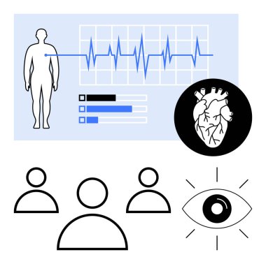 Kalp atışı grafiği, insan figürü, pasta grafikleri, kalp ikonu ve göz sembolü sağlık izleme ve veri analizini vurguluyor. Tıbbi teknoloji, tanı, yapay zeka, araştırma eğitimi için ideal soyut çalışma