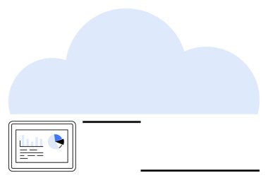 Grafikleri ve pasta grafiklerini gösteren bir tablet ile mavi bulut şekli, veri analizini ve bağlantıyı temsil ediyor. Teknoloji, bulut hesaplama, veri bilimi, analitik, dijital eğilimler için ideal