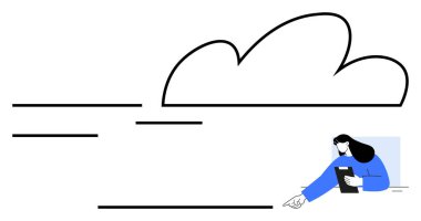 Bulut tasarımı, basit çizgiler ve elinde tablet tutan bir kadın. Teknoloji, bulut hesaplama, uzak çalışma, yenilik, yaratıcılık, takım çalışması, soyut çizgi düz metaforu için ideal