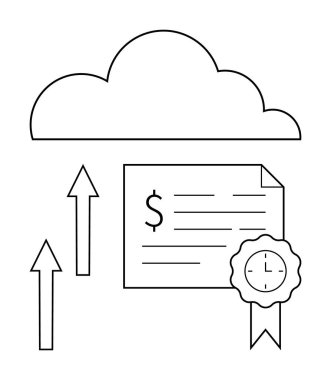 Parasal sembolü ve saat mührü olan bir belgenin üzerinde yukarı bakan iki ok olan bir bulut simgesi. Bulut depolama, finans, verimlilik, belge yönetimi, büyüme, üretkenlik ve zaman için ideal