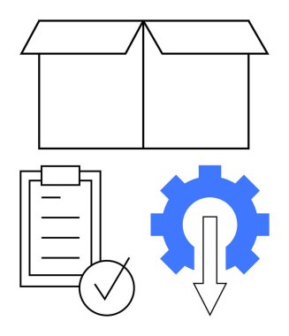 Kutuyu aç, işaretli listeyi kontrol et ve maviyle aşağı doğru ok at. Lojistik, tedarik zinciri, üretkenlik, görev yönetimi, organizasyon, iş akışı soyut çizgisi düz metaforu için ideal