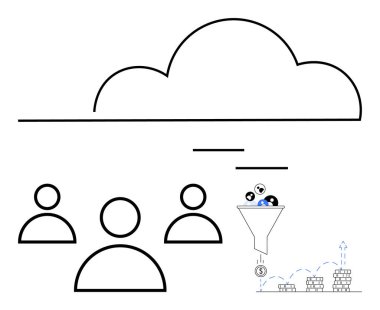 Kullanıcıların üzerinde bulut, finansal çıktılara çeşitli girdileri işleyen veri bacası. Büyük veri, bulut hesaplama, kullanıcı analizi, veri monetizasyonu, üretkenlik, ROI, soyut çizgi düz metaforu için ideal