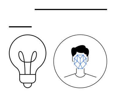 Geometric face mesh in circular frame next to lightbulb signifies advanced AI innovation. Ideal for creativity, biometrics, facial recognition, technology, artificial intelligence, abstract thinking clipart