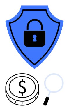 Kilitli kalkan, veri güvenliğinin sembolü. Mali büyüteç, incelemeyi temsil ediyor. Finans, siber güvenlik, dolandırıcılık önleme, risk yönetimi, güven ve dijital ekonomi için ideal