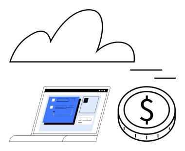 Bulut, web arayüzlü dizüstü bilgisayar ve madeni para sembolü finans, teknoloji ve bağlantı. Fintech, bulut depolama, e-ticaret, online bankacılık dijital çözümleri için ideal SaaS soyut
