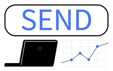 Geniş SEND metni, laptop silueti ve yükselen trend çizelgesi. E- posta, veri, iş, üretkenlik, pazarlama, teknoloji büyüme soyut çizgisi düz metaforu için ideal