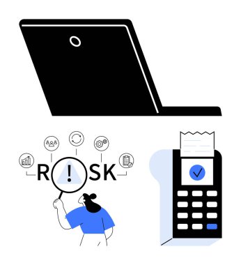 Dizüstü bilgisayar silueti, RISK üzerindeki büyüteç simgeler ve fatura ve işaretli POS terminali ile çevrili. Finans, risk yönetimi, ödeme sistemleri, güvenlik, dijital veri ve denetim araçları için ideal