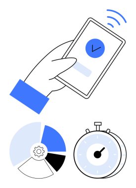 Pasta grafiği ve kronometrenin yanı sıra, ödeme başarısı tebligatı için el ele tutuşan akıllı telefon. Finans, teknoloji, zaman yönetimi, analitik, mobil uygulamalar, iş dünyası, soyut düz çizgi metaforu için ideal