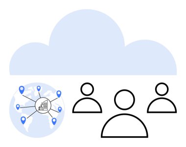Bir binaya ve kullanıcı simgelerine bağlı lokasyon iğneleriyle dünyanın üzerinde bulut simgesi. Uzak çalışma, küresel iletişim, ağ, bulut hizmetleri, takım işbirliği, dijital bağlantı için ideal
