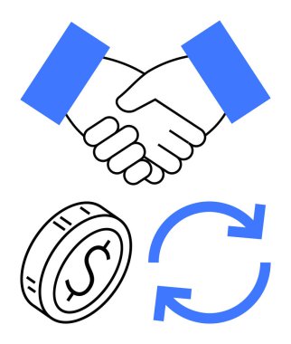 Paranın üstünde el sıkışma ve geri dönüşüm okları ortaklığı, işlemleri ve karşılıklı güveni simgeler. İş anlaşmaları, finans, işbirliği, ticaret, anlaşmalar, soyut takım çalışması çizgisi için ideal