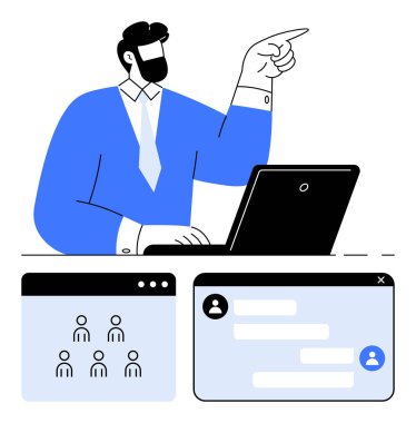 Resmi giyinmiş bir iş adamı, sohbet penceresi ve kullanıcı paneli kullanarak uzaktan çalışanlarla ilişki kurar. Takım işbirliği için ideal, sanal toplantılar, çevrimiçi yönetim, iletişim araçları, görev