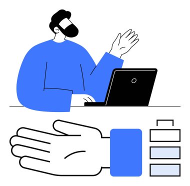 El elemanları ve bilgi tasarımı olan bir dizüstü bilgisayar üzerinde çalışan kişi. Sunumlar, iş dünyası, iletişim, teknoloji, evden çalışma, eğitim, uzaktan çalışma için ideal