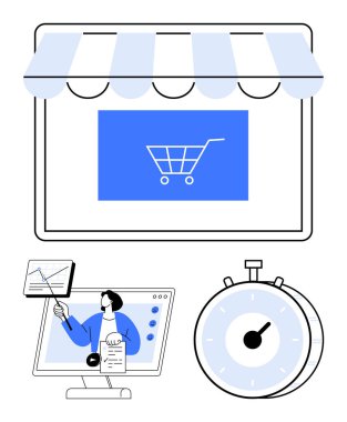 Alışveriş arabalı dijital mağaza önü, video görüşmeleri sunan profesyonel, kronometre illüstrasyonu. E-ticaret için ideal, çevrimiçi iş, sanal toplantılar, zaman stratejisi, webinarlar