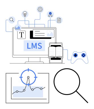Masaüstünde LMS, analitik çizelgesi, büyüteç, açık kitap ve oyun denetleyici. Eğitim, e-öğrenme, eğitim teknolojisi gamifikasyon verileri öğrenci ilişkileri için idealdir. Soyut