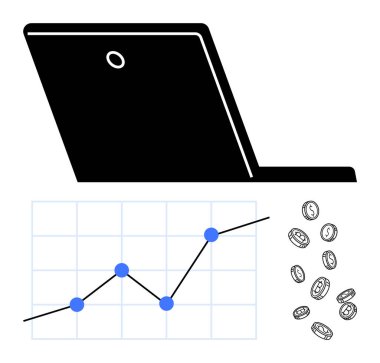 Laptop, yükselen grafikler, veri noktaları ve dağınık paralar. Finans, iş stratejisi, veri analizi, yatırım, e-ticaret, piyasa büyümesi soyut metaforu için ideal