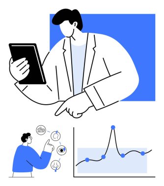 Tableti elinde tutan kişi, simge grafiklerine işaret eden başka bir tableti analiz ediyor. İş için ideal, veri analizi, karar verme, teknoloji, takım çalışması, planlama, yenilik. Satır metaforu