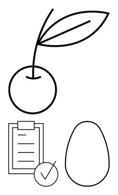 Yapraklı kiraz, yumurta ve pano kontrol listesi hedefler, faydaları veya seçenekler için işaretlendi. Beslenme, sürdürülebilirlik, organik uygulamalar, sağlık hedefleri planlamak için ideal soyut farkındalık çizgisi