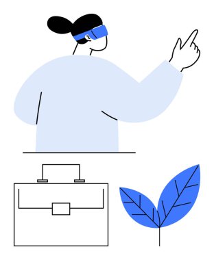 Arttırılmış gerçeklik gözlükleriyle yukarıyı gösteren şahıs. Yenilik, teknoloji, iş araçları, ekolojik farkındalık, sürdürülebilirlik, sanal etkileşim ve yaratıcılık. İdeal